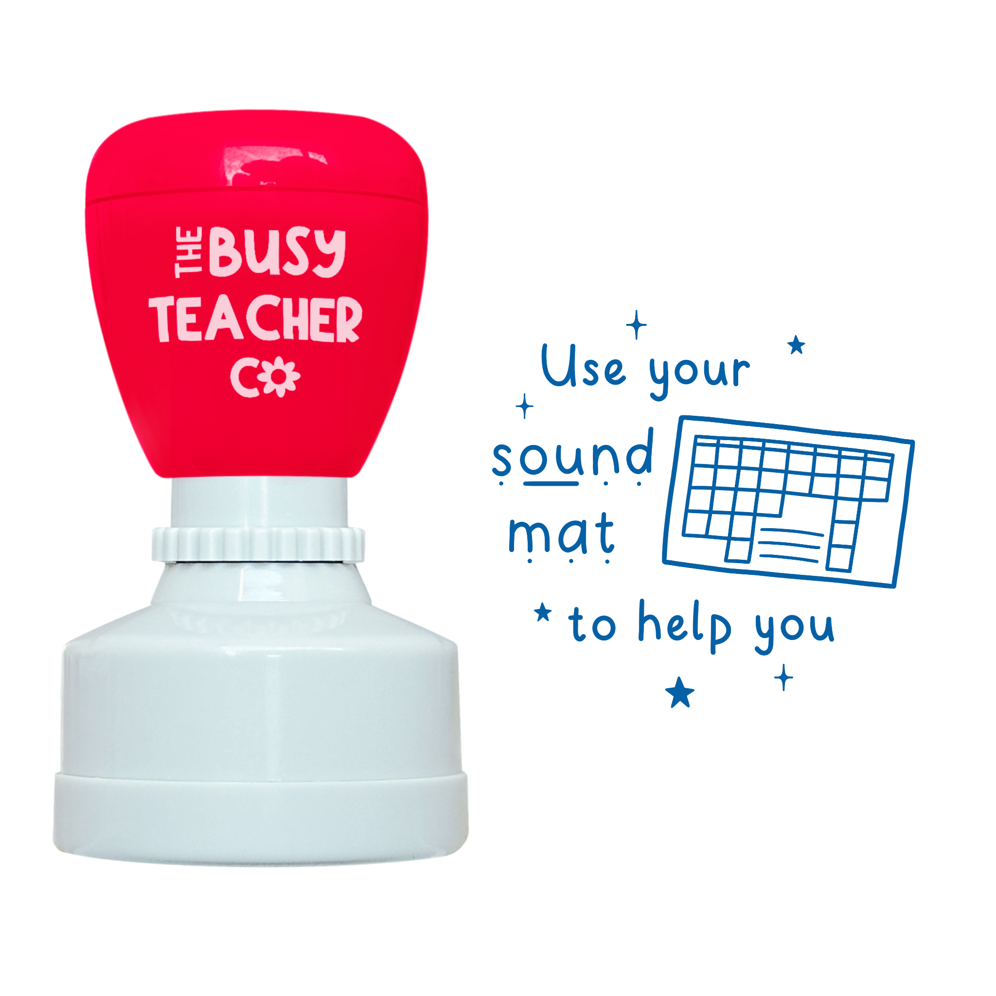 Refillable primary teacher marking Stamp reading 'use your sound mat to help you', inked in blue ink.