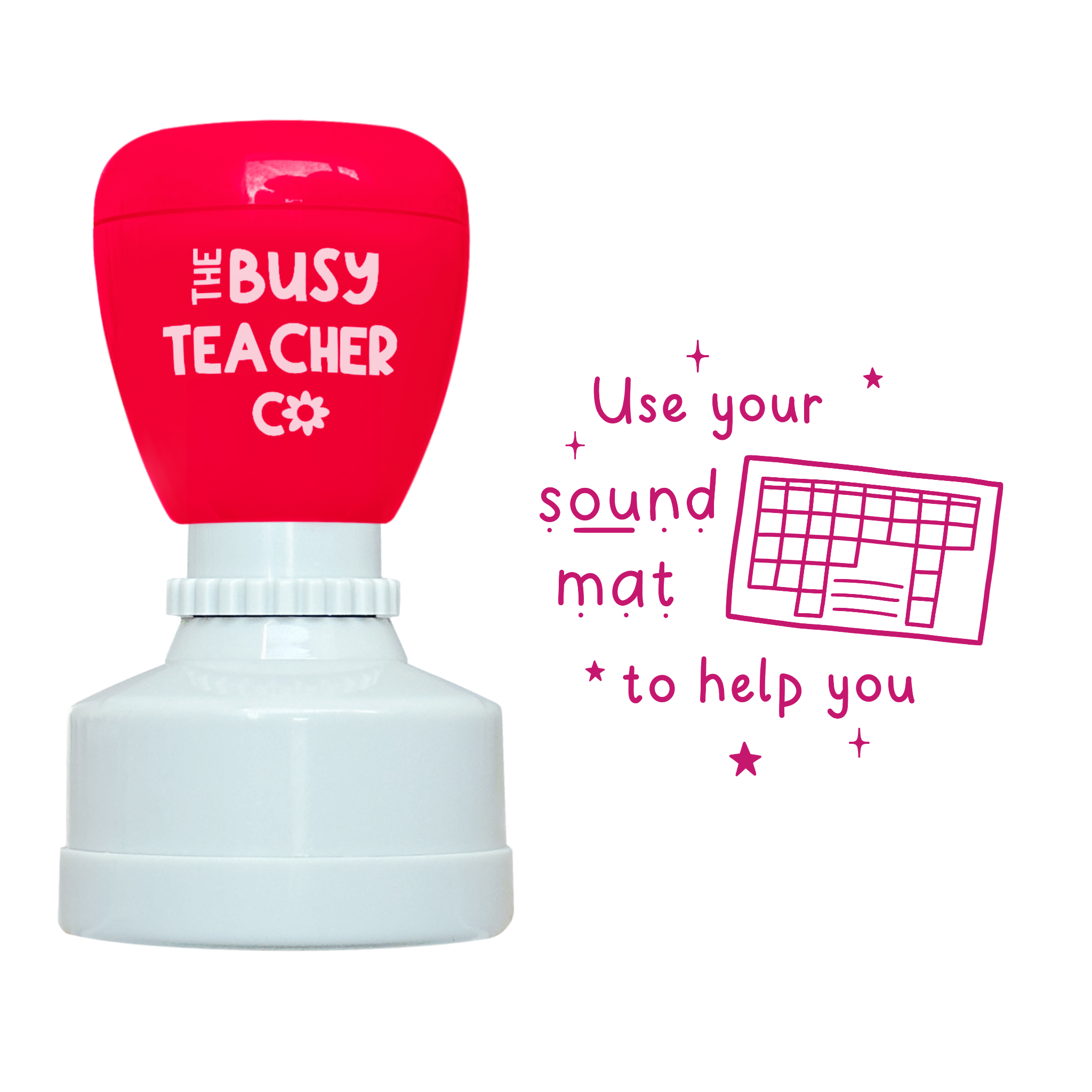 Refillable primary teacher marking Stamp reading 'use your sound mat to help you', inked in pink ink.