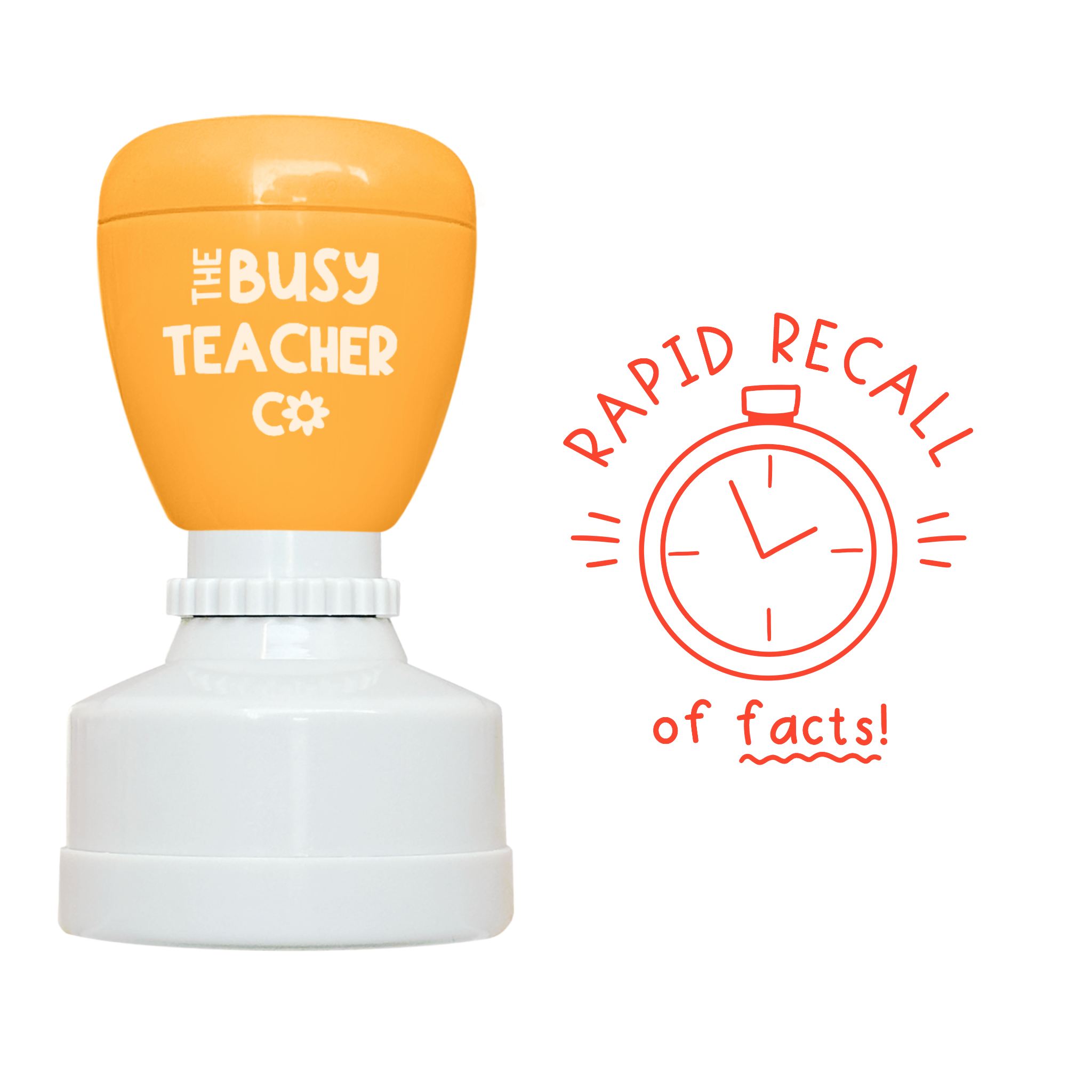 Refillable primary teacher marking Stamp reading 'Rapid Recall of facts', inked in orange ink.