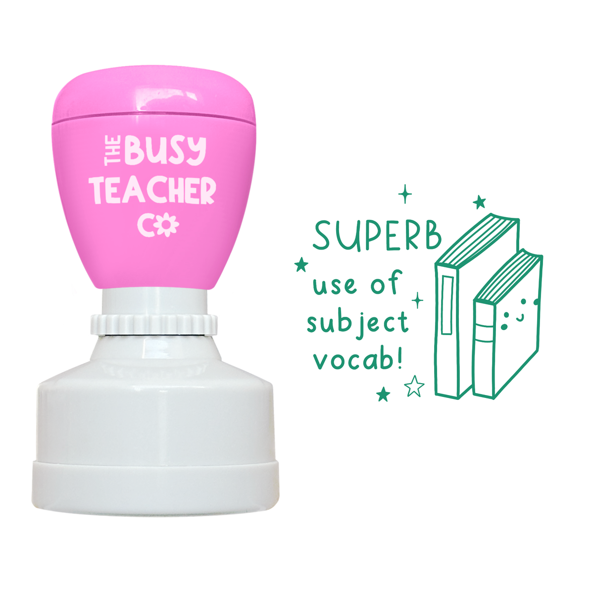 Refillable primary teacher marking Stamp reading 'superb use of subject vocab', inked in green ink.